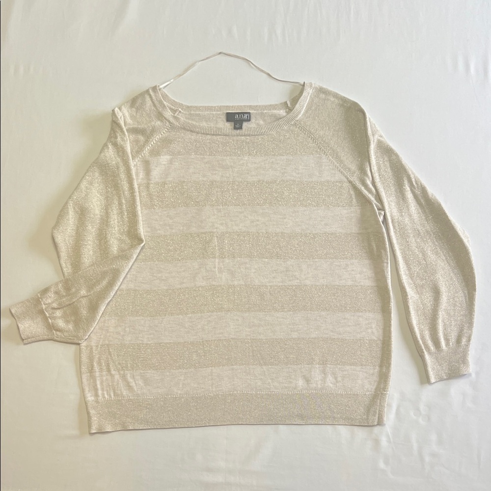 a.n.a Women's Cream Metallic sparkle/Beige Stripe Scoop Neck Sweater